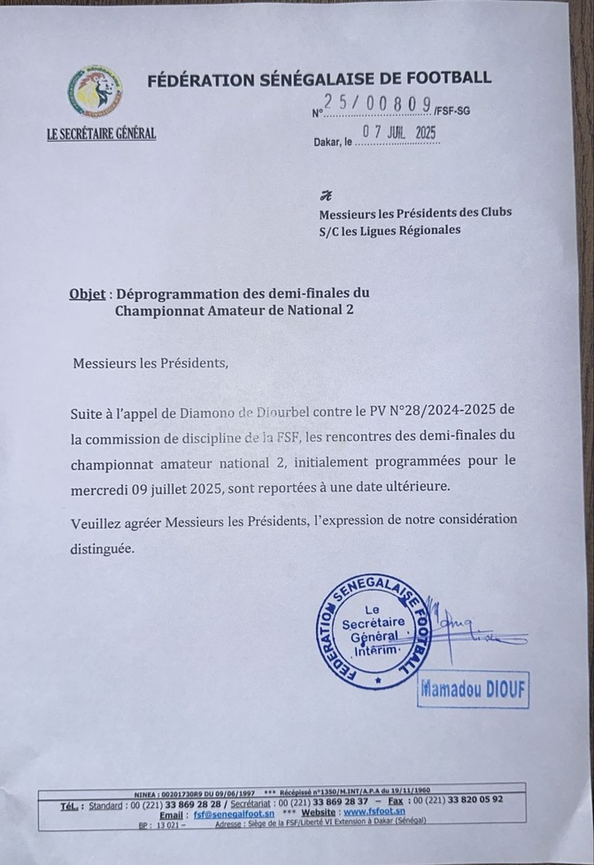 Suite à l'appel du Diamono vs Dahra : Les demi - finales de la nationale 2, reportées à une date ultérieure