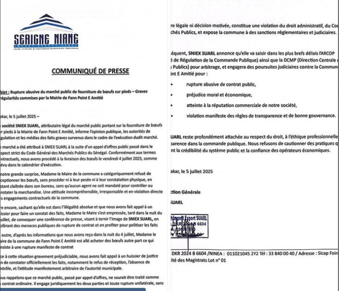 Rupture abusive du marché public de fourniture de bœufs sur pieds : Graves irrégularités commises par la Mairie de Fann-Point E-Amitié