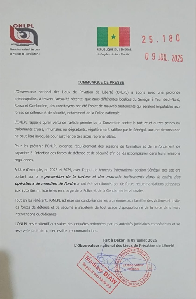 L’ONLPL alerte sur des cas de mauvais traitements imputés à la Police