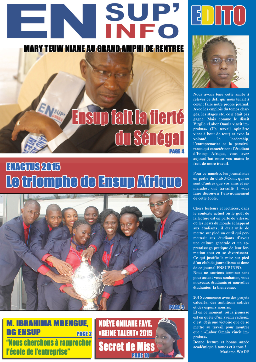 A la Une du journal d'Ensup Afrique realisé par les membres du club J-COM