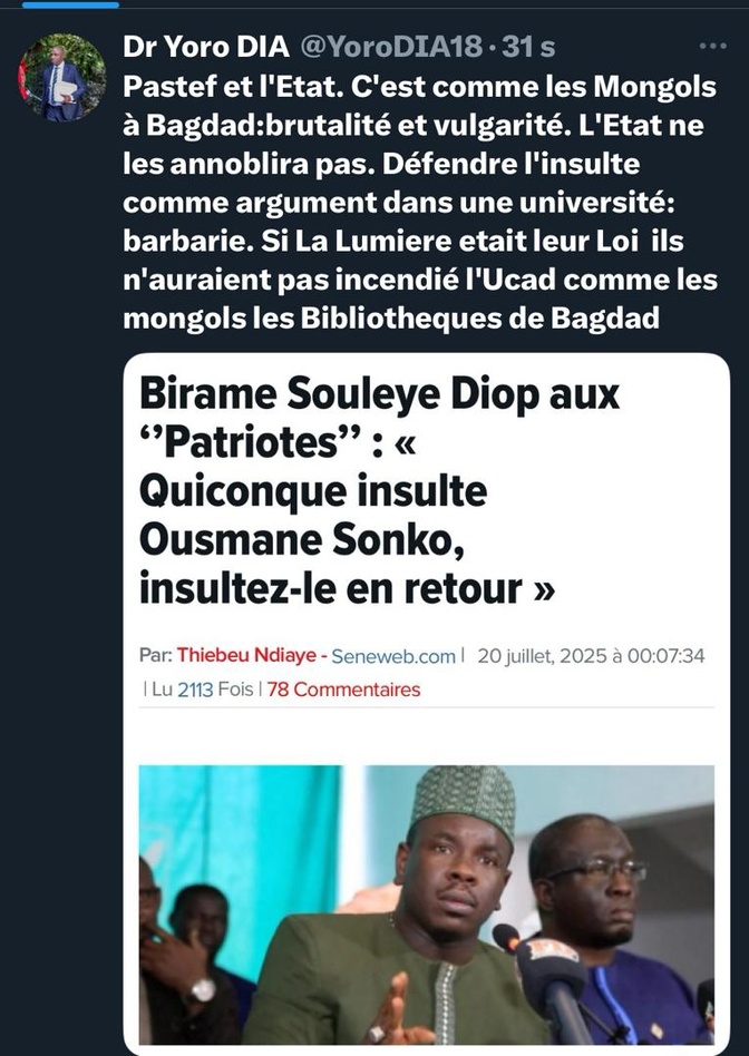 Dr Yoro Dia, ancien Ministre : « Pastef et l’Etat, c’est comme les Mongols à Bagdad : Brutalité et vulgarité »