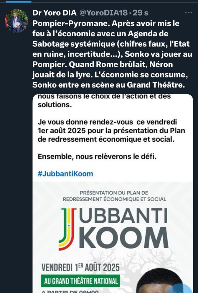 Après l’annonce de son plan de redressement économique et social : Dr. Yoro Dia, ancien Ministre, qualifie Ousmane Sonko de pompier-pyromane