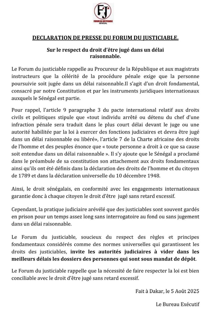 Le Forum du justiciable insiste sur le respect du droit d’être jugé dans un délai raisonnable