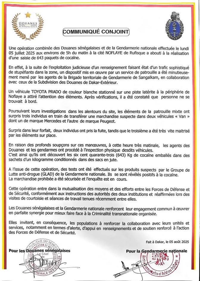 Cité Noflaye de Rufisque : Une opération combinée des Douanes sénégalaises et de la Gendarmerie nationale, a abouti à la saisie de 643 paquets de cocaïne, ce lundi