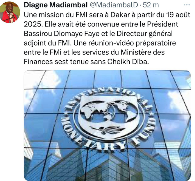 Économie : le FMI en visite au Sénégal pour des discussions de suivi, selon un post de Madiambal Diagne