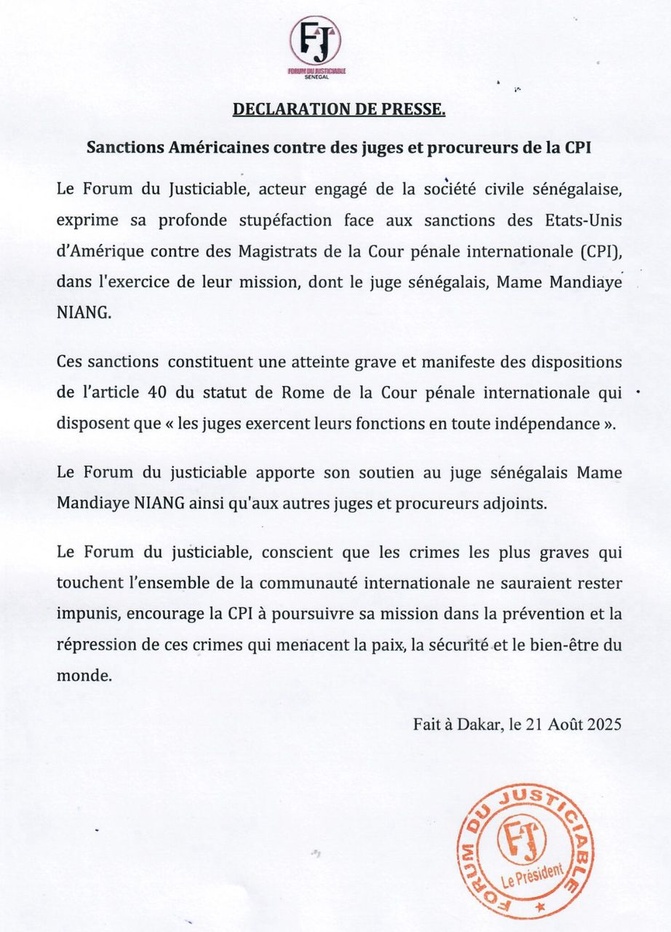 Sanctions Américaines contre des juges et procureurs de la CPI: Le Forum du Justiciable exprime sa profonde stupéfaction