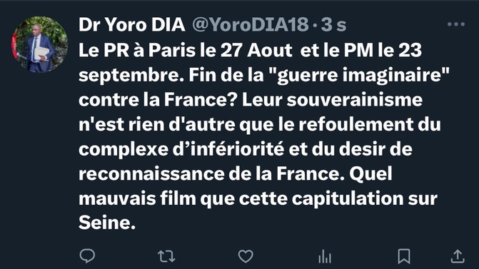 Dr Yoro Dia, ancien Ministre : « Le souverainisme du Pr et du Pm n’est rien d’autre que le refoulement du complexe d’infériorité et du désir de reconnaissance de la France Dr Yoro Dia, ancien Ministre : « Le souverainisme du Pr et du Pm n’est rien d’autre que le refoulement du complexe d’infériorité et du désir de reconnaissance de la France