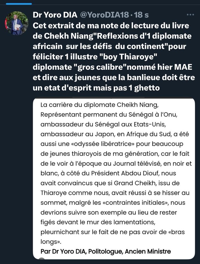 Dr Yoro Dia, ancien Ministre félicite un illustre « boy Thiaroye » diplomate « gros calibre » , nommé Ministre des affaires étrangères Dr Yoro Dia, ancien Ministre félicite un illustre « boy Thiaroye » diplomate « gros calibre » , nommé Ministre des affaires étrangères