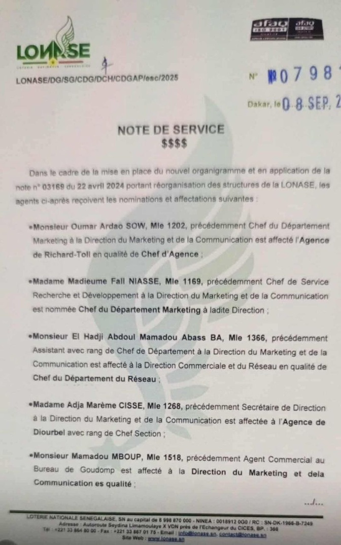 LONASE : Nominations et mutations stratégiques au sein de la Direction Marketing et du Réseau