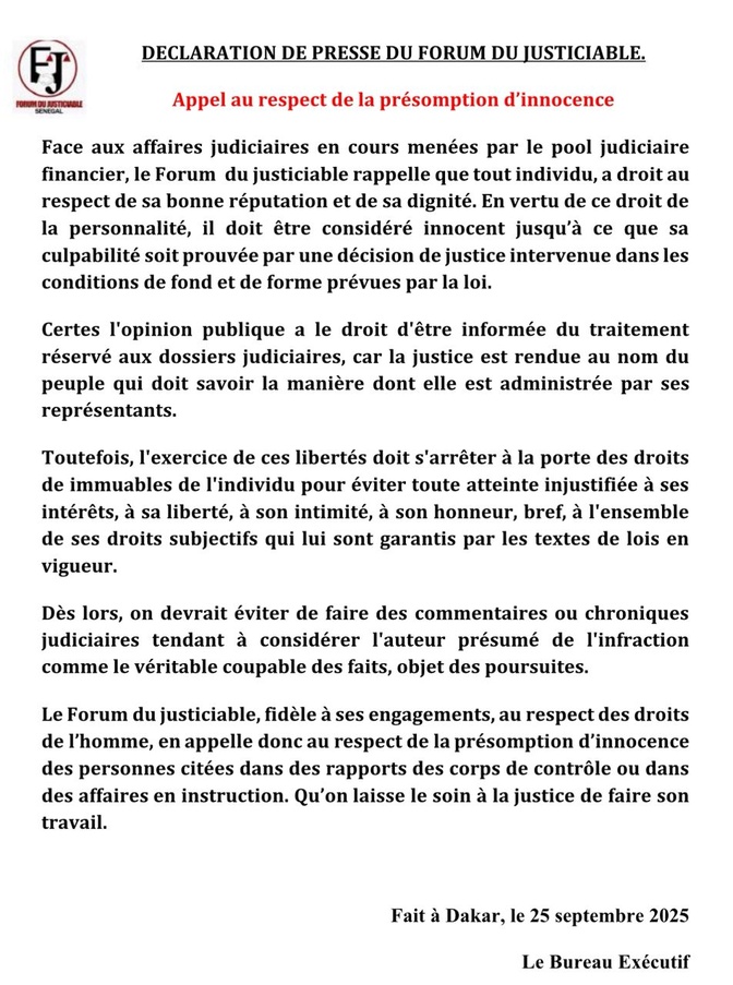 Le Forum du Justiciable appelle au respect de la présomption d’innocence