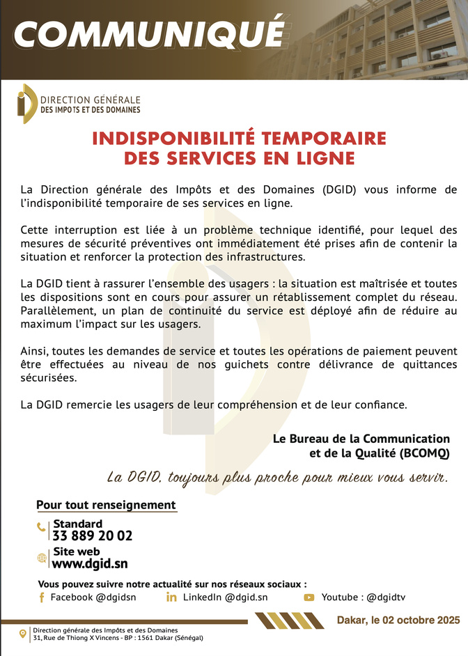 Indisponibilité temporaire des services en ligne de la DGID: Des mesures prises pour rétablir le réseau