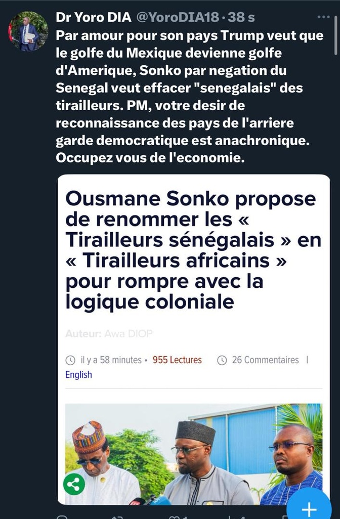 Dr Yoro Dia, ancien Ministre : « Ousmane Sonko propose de renommer les « Tirailleurs sénégalais » en « tirailleurs aficains » pour rompre avec la logique coloniale » Dr Yoro Dia, ancien Ministre : « Ousmane Sonko propose de renommer les « Tirailleurs sénégalais » en « tirailleurs aficains » pour rompre avec la logique coloniale »