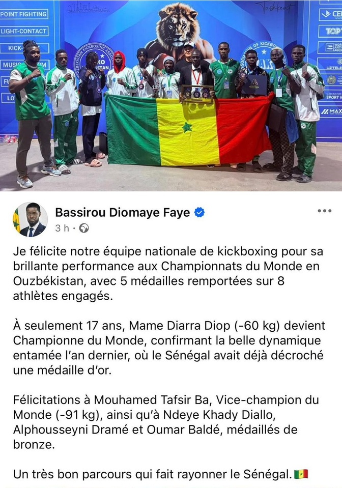 Mondial de kickboxing : Le Président Diomaye Faye félicite les champions du monde sénégalais, avec leurs cinq médailles