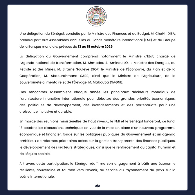 Cheikh Diba conduit la délégation sénégalaise aux Assemblées annuelles du FMI et de la Banque mondiale à Washington