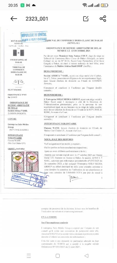 Affaire Africa 7- Solo Médias : L’ordonnance de cessation immédiate de toute exploitation de la licence sur des plateformes vient de sortir