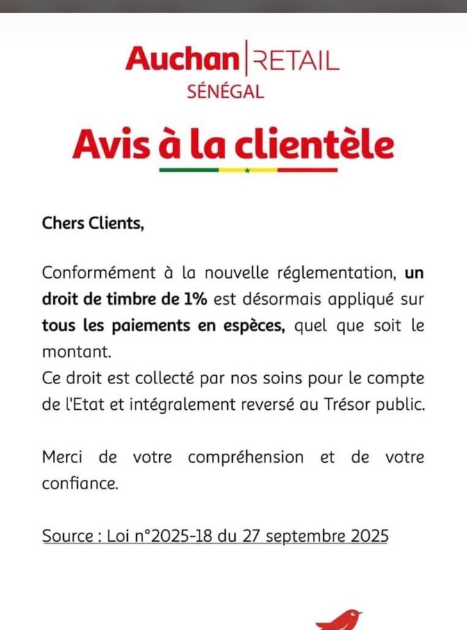 Conformément à la nouvelle réglementation : Auchan applique désormais, un droit de timbre de 1% sur tous les paiements en espèces