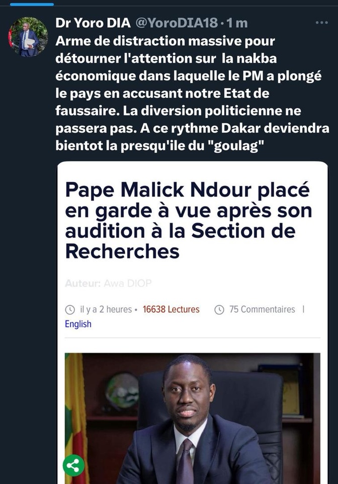 Après le placement en garde-à-vue de Pape Malick Ndour : Dr. Yoro Dia parle d’arme de distraction et de détournement d’attention sur la nakba économique Après le placement en garde-à-vue de Pape Malick Ndour : Dr. Yoro Dia parle d’arme de distraction et de détournement d’attention sur la nakba économique