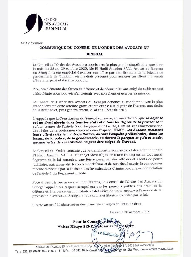 La tentative d'humiliation de Me Amadou Sall, venu de défendre  sa cliente Maimouna  Ndour, par la gendarmerie  de Ouakam dénoncée  par l'ordre  des avocats du Sénégal