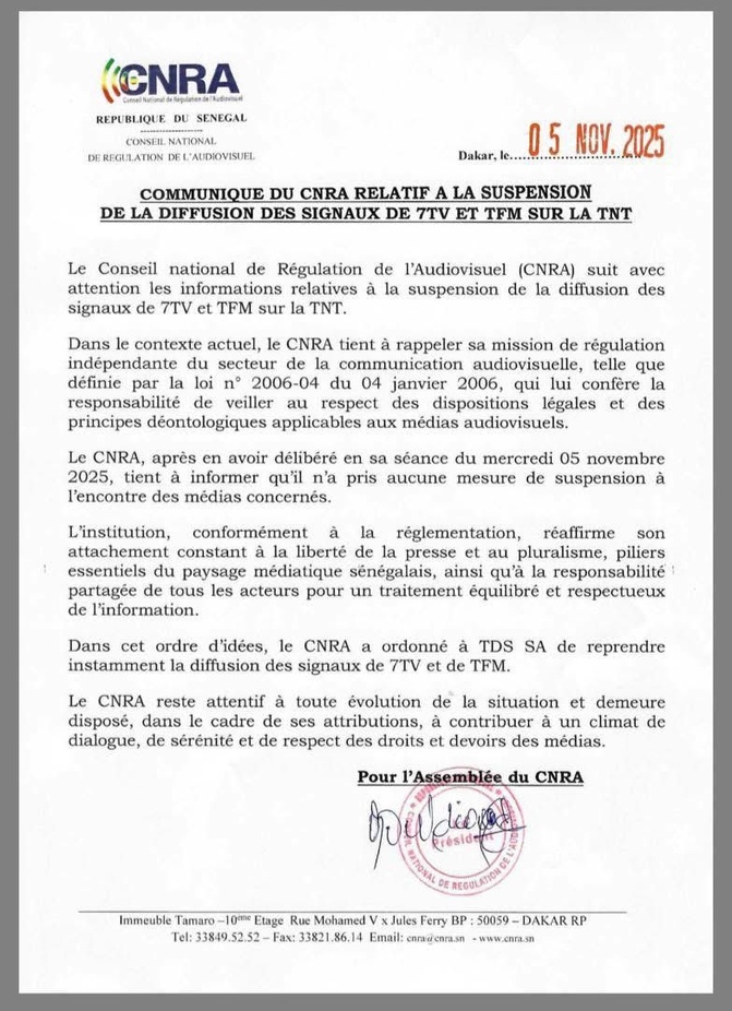 Coupure des signaux de 7TV et de TFM : Le CNRA se dédouane ! Coupure des signaux de 7TV et de TFM : Le CNRA se dédouane !
