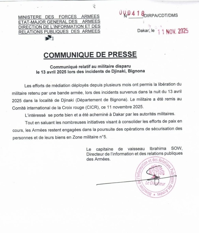Conflit en Casamance : Le militaire enlevé en avril dernier, enfin libéré