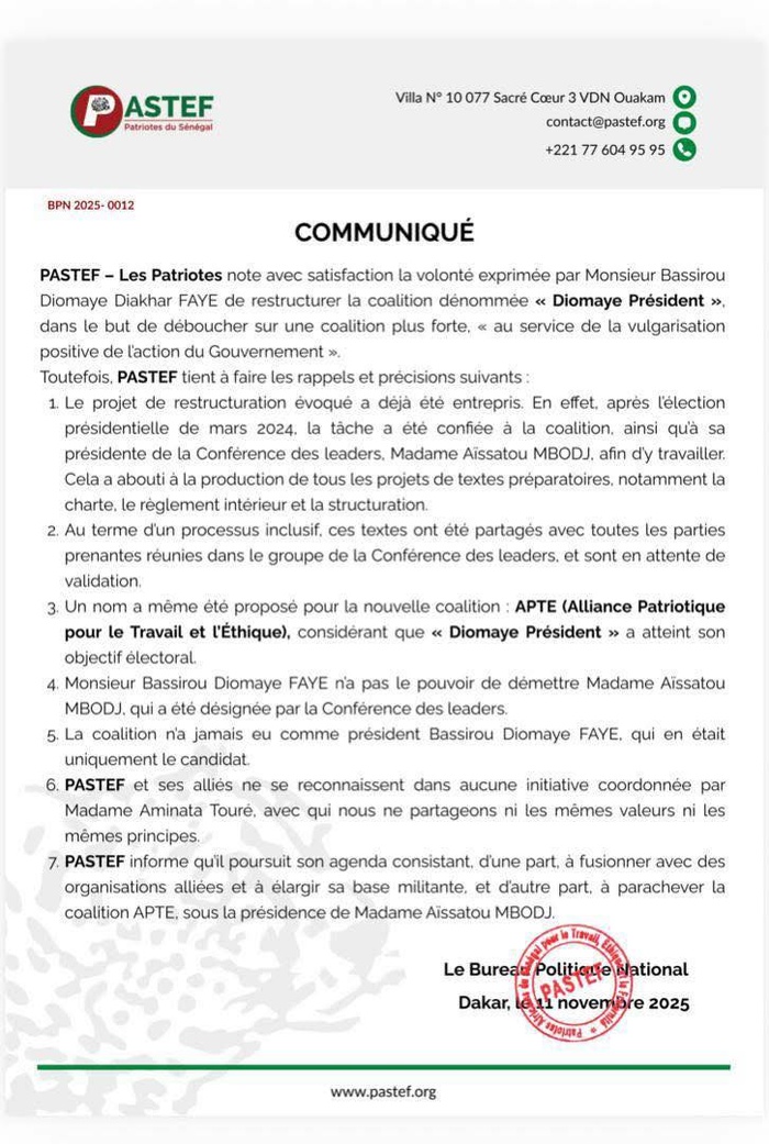 PASTEF clarifie la restructuration de la coalition et réaffirme la légitimité d’Aïssatou Mbodj
