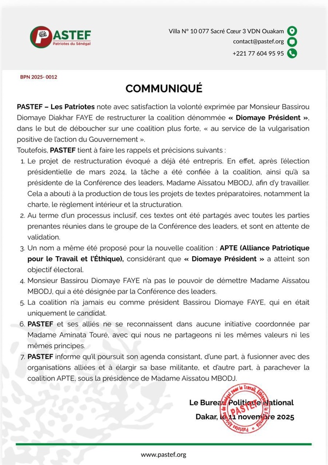 Remplacement de Aida Mbodj à la tête de la coalition Diomaye Président : Le Bureau politique de Pastef Les Patriotes désavoue le Président Diomaye