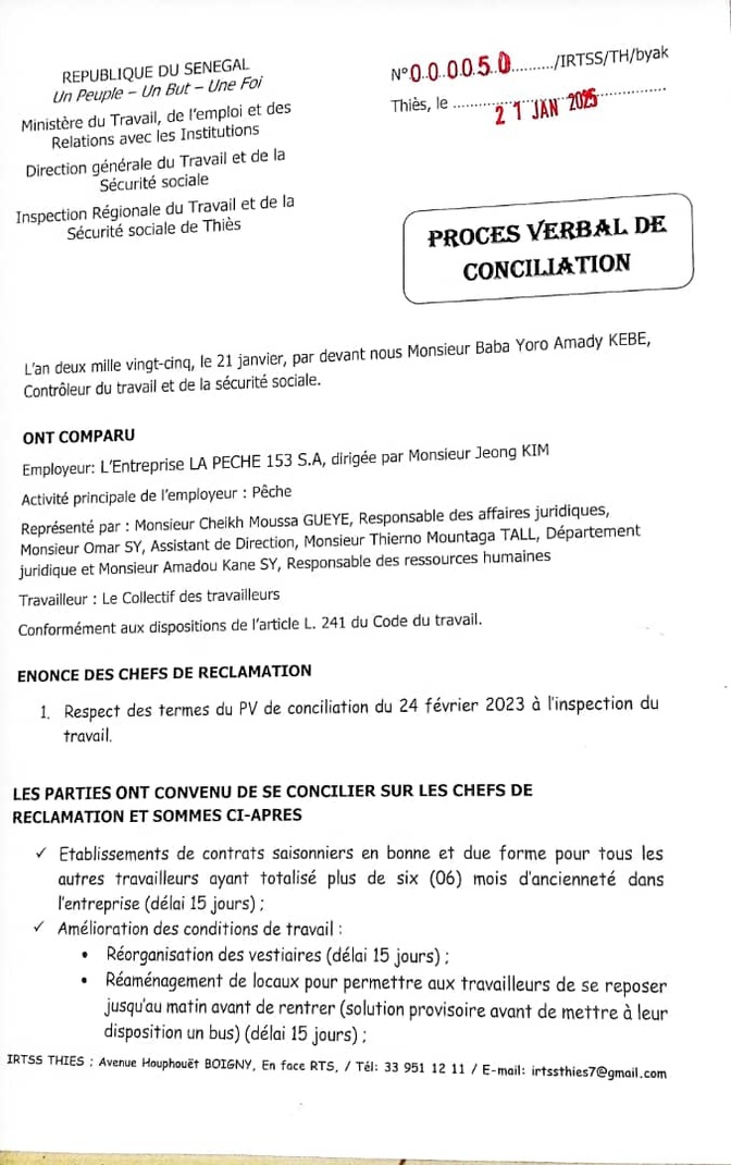 Licenciement abusif et violation du code du travail : Le collectif des travailleurs de Pêche 153 de Cayar accable leur patron, Joeng Kim Licenciement abusif et violation du code du travail : Le collectif des travailleurs de Pêche 153 de Cayar accable leur patron, Joeng Kim