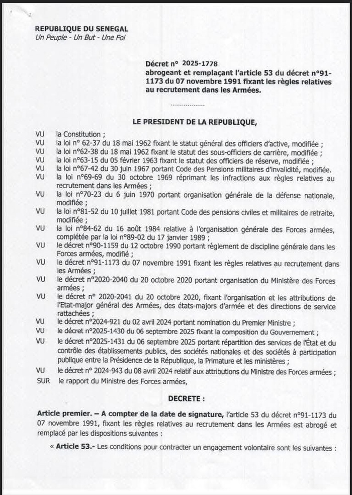 Armée : Le Président Bassirou Diomaye Faye modifie les conditions de recrutement volontaire Armée : Le Président Bassirou Diomaye Faye modifie les conditions de recrutement volontaire