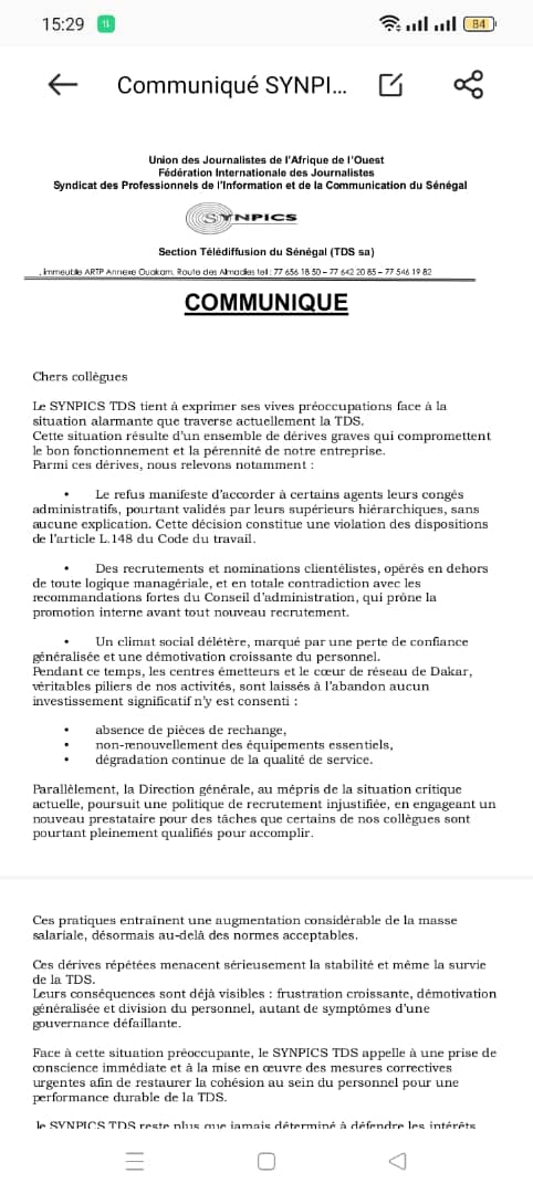 Situation de TDS : Le SYNPICS TDS exprime ses vives préoccupations Situation de TDS : Le SYNPICS TDS exprime ses vives préoccupations