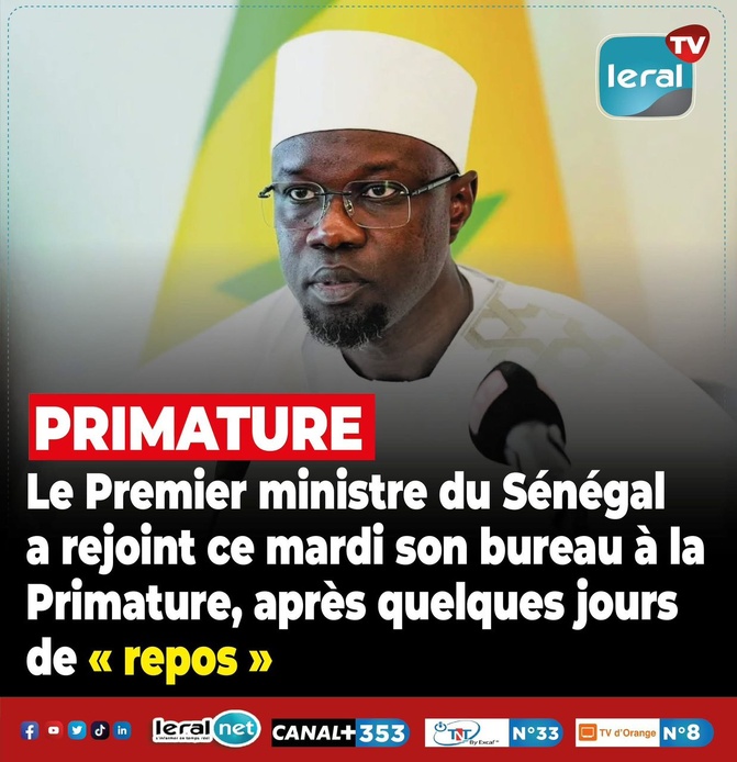 Après quelques jours de repos : Le Premier ministre Ousmane Sonko a regagné la Primature, ce mardi