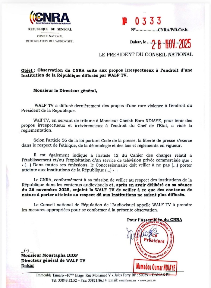 Diffusion des propos de Cheikh Bara Ndiaye: Le CNRA recadre WALF TV