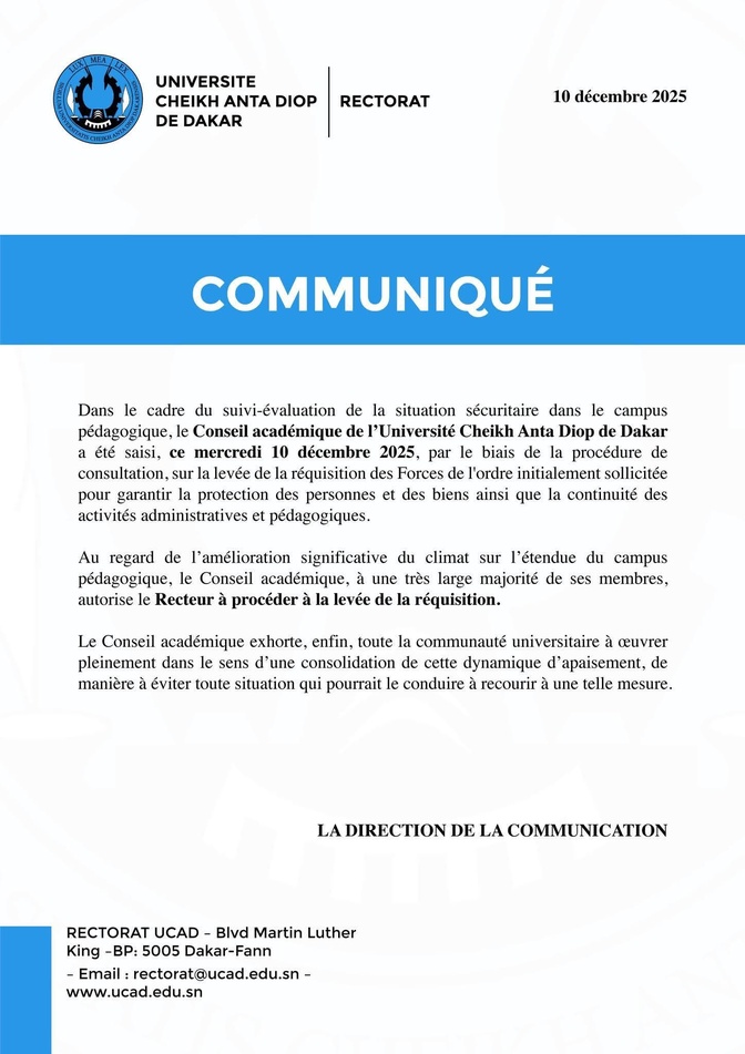 Ucad: Le Conseil académique autorise la levée de la réquisition des forces de l'ordre Ucad: Le Conseil académique autorise la levée de la réquisition des forces de l'ordre