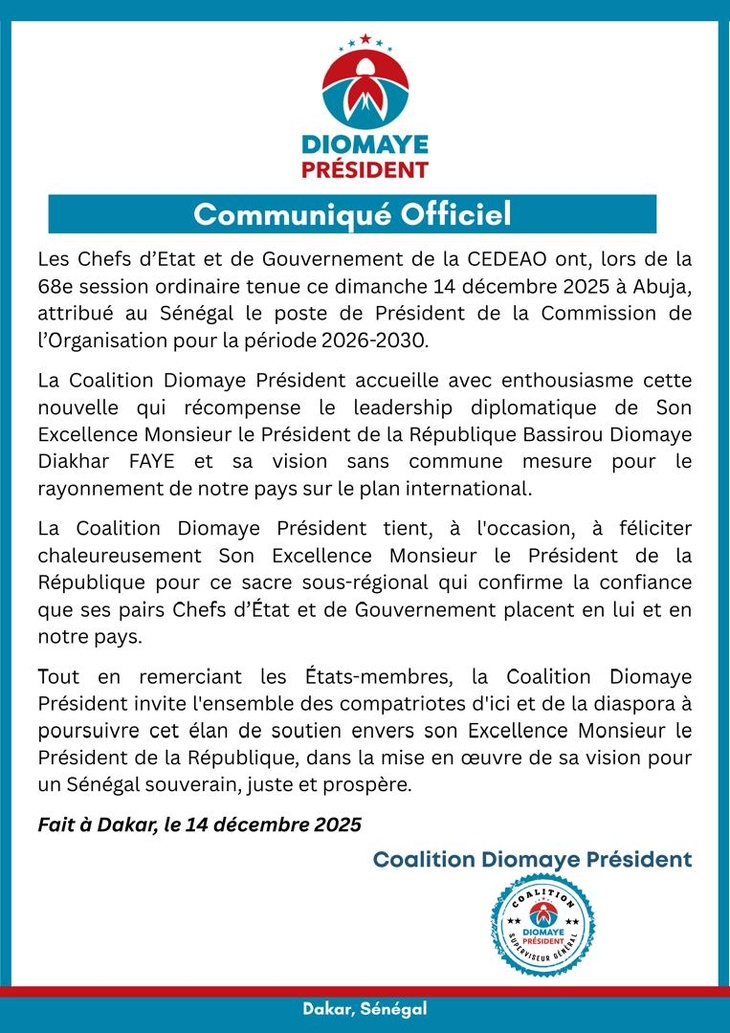 Le Sénégal à la tête de la Commission de la Cedeao : La Coalition Diomaye Président accueille avec enthousiasme cette nouvelle, qui récompense le leadership diplomatique de son Excellence, Bassirou Diomaye Diakhar Faye Le Sénégal à la tête de la Commission de la Cedeao : La Coalition Diomaye Président accueille avec enthousiasme cette nouvelle, qui récompense le leadership diplomatique de son Excellence, Bassirou Diomaye Diakhar Faye