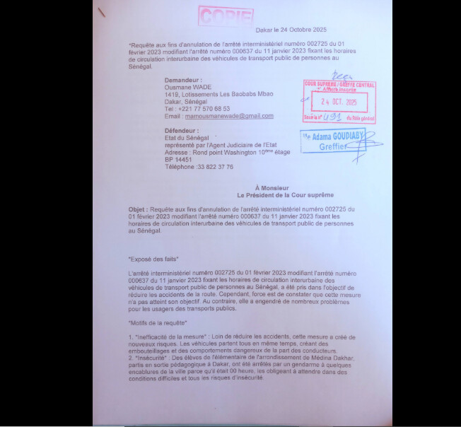 Transport public de personnes au Sénégal : Ousmane Wade décide d'introduire à la Cour suprême un recours aux fins d'annulation de l'arrêté interministériel