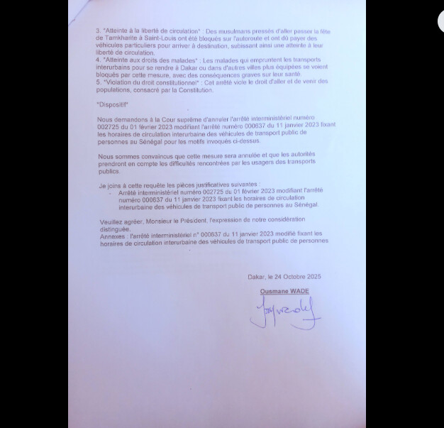 Transport public de personnes au Sénégal : Ousmane Wade décide d'introduire à la Cour suprême un recours aux fins d'annulation de l'arrêté interministériel