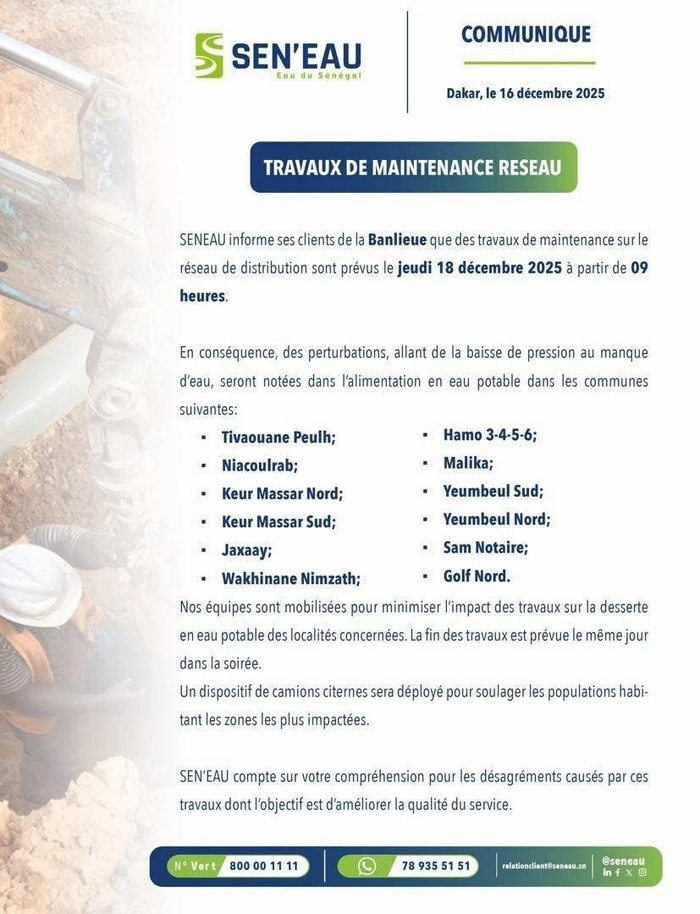 Travaux de maintenance : Perturbations dans la distribution de l’eau annoncées ce jeudi, dans la banlieue