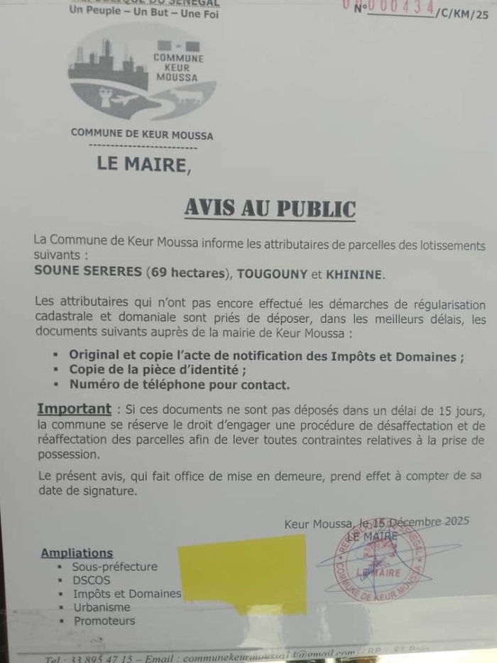 Régularisation cadastrale et domaniale : Le maire de Keur Moussa accorde un délai de 15 jours aux attributaires de parcelles (Document)