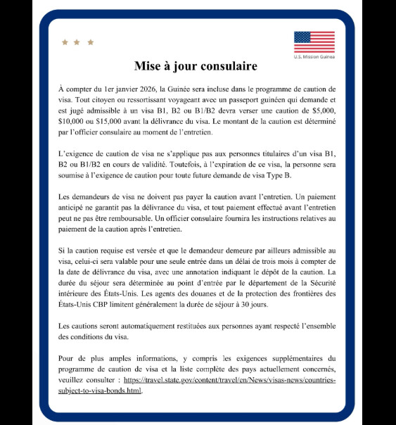 Visas américains: Les Guinéens soumis au paiement d'une caution