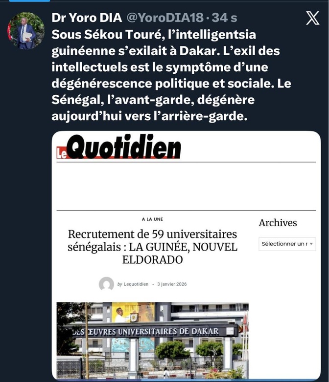 Dr Yoro Dia sur le Recrutement de 59 universitaires sénégalais en Guinée : « L’exil des intellectuels est le symtôme d’une dégénérescence politique et sociale »
