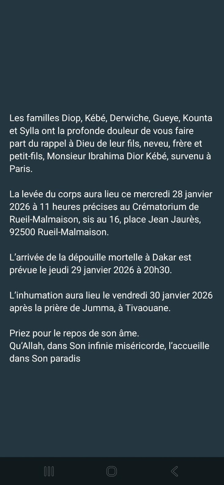 Nécrologie : Rappel à Dieu d’Ibrahima Dior Kébé à Paris, son inhumation prévue vendredi prochain, après la prière de Jumma à Tivaouane