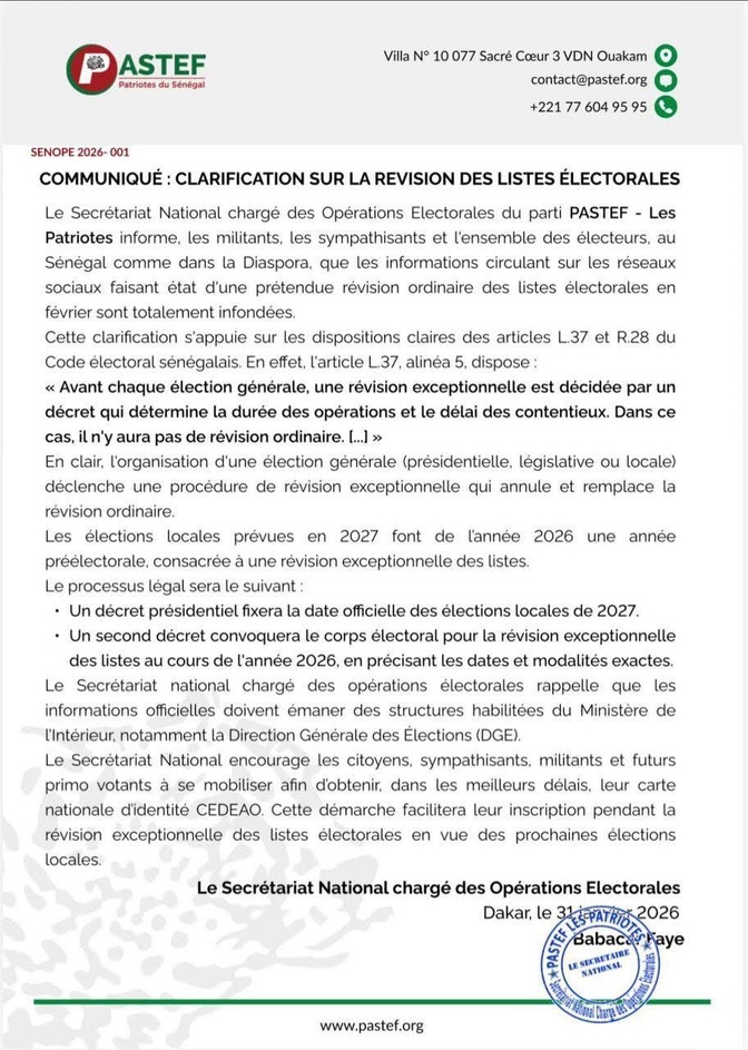 Révision des listes électorales : PASTEF dément les rumeurs et apporte des clarifications