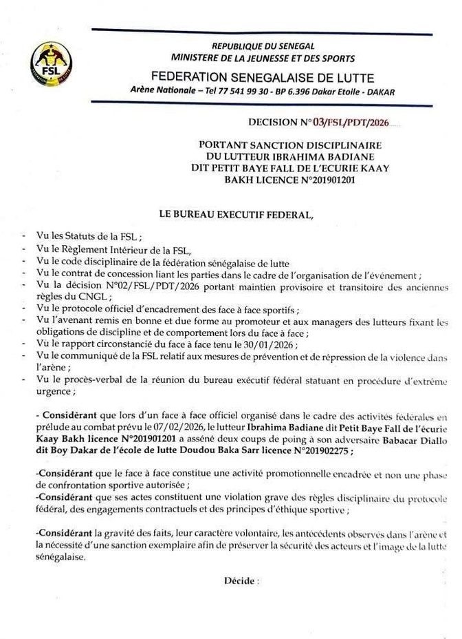 FSL : Le lutteur Petit Baye Fall suspendu pour trois ans de toute activité liée à la lutte