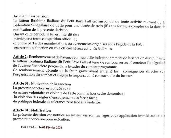 FSL : Le lutteur Petit Baye Fall suspendu pour trois ans de toute activité liée à la lutte