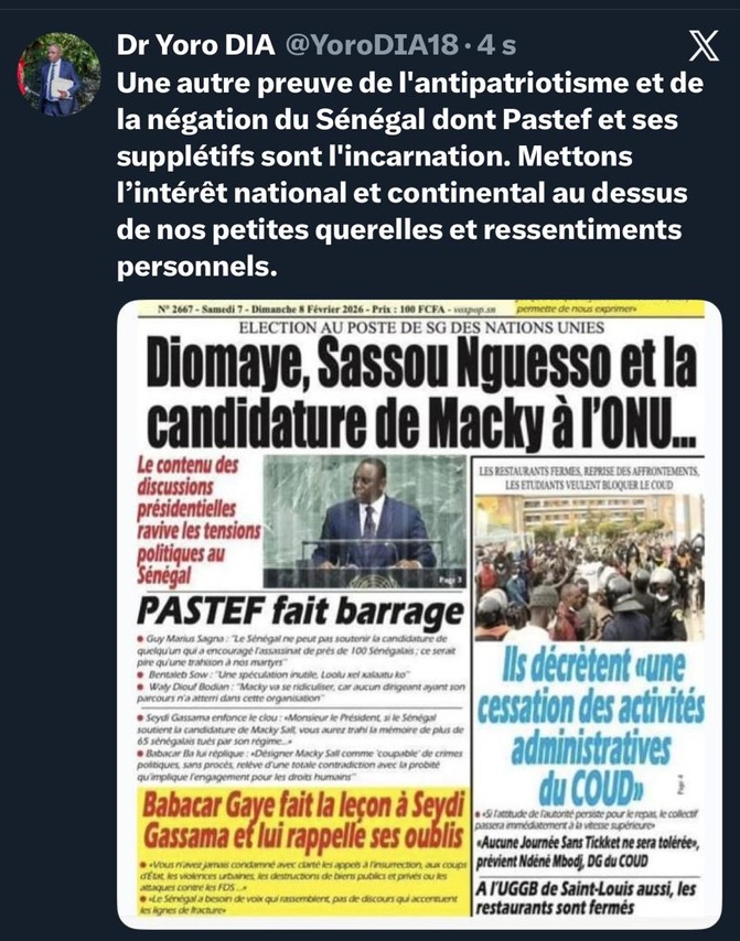 Dr Yoro Dia, ancien Ministre dénonce un antipatriotisme et négation du Sénégal, dont Pastef et ses supplétifs sont l’incarnation Dr Yoro Dia, ancien Ministre dénonce un antipatriotisme et négation du Sénégal, dont Pastef et ses supplétifs sont l’incarnation