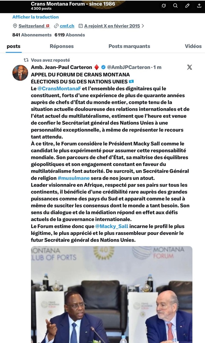 Appel du Forum de Crans Montana aux élections du SG des Nations Unies : L’Ambassadeur Jean Paul Carteron considère le Président Macky Sall comme le candidat le plus expérimenté pour assurer cette responsabilité