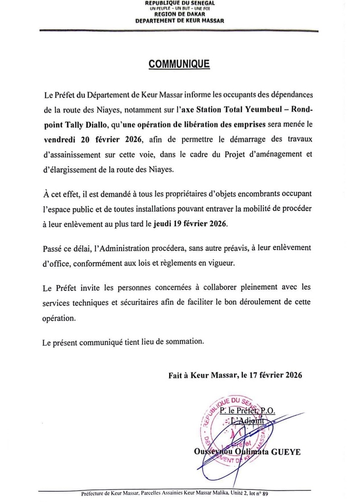Route des Niayes : les occupants sommés de libérer les dépendances avant le 19 février