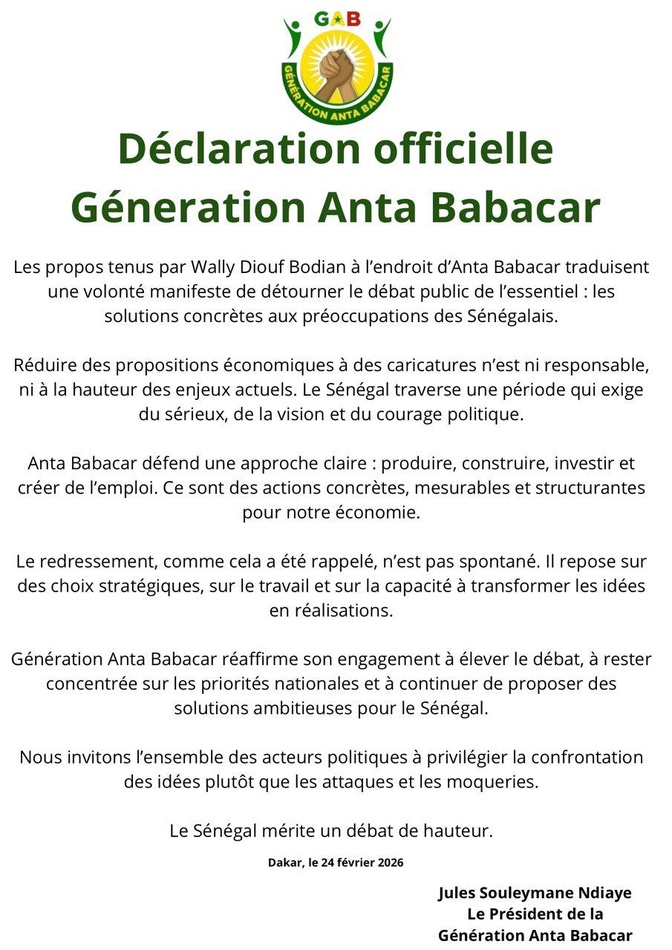 Génération Anta Babacar Ngom : « Les propos de Wally Diouf Bodian à l’endroit d’Anta Babacar Ngom, traduisent une volonté manifeste de détourner le débat public de l’essentiel »
