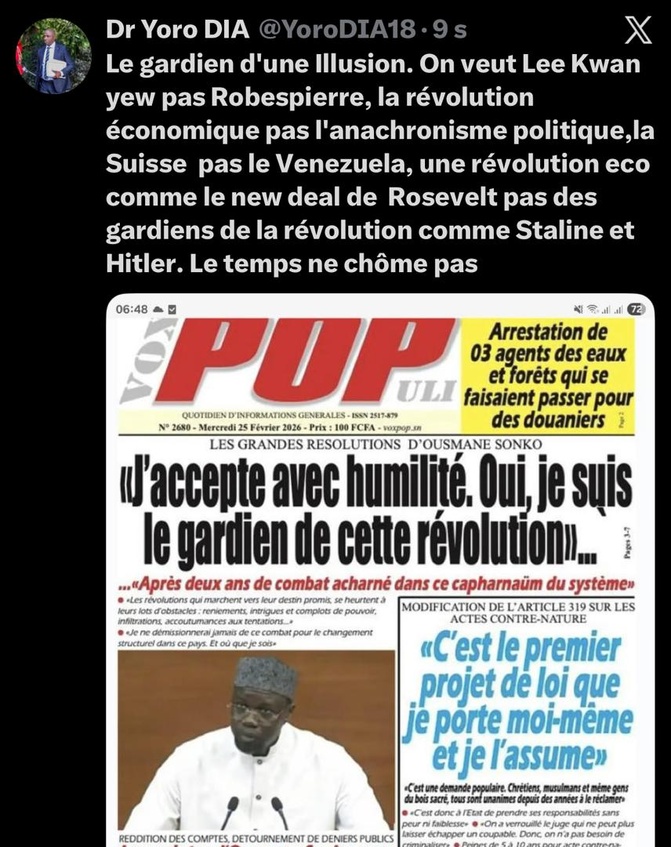 Dr Yoro Dia, ancien Ministre ; « Le Sénégal n’a pas besoin des gardiens de la révolution comme Staline et Hitler » Dr Yoro Dia, ancien Ministre ; « Le Sénégal n’a pas besoin des gardiens de la révolution comme Staline et Hitler »