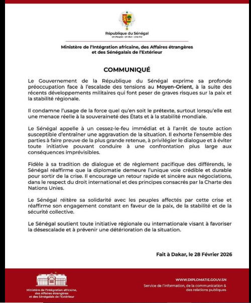 Face à l’escalade des tensions au Moyen-Orient : Le Gouvernement de la République du Sénégal exprime sa profonde préoccupation