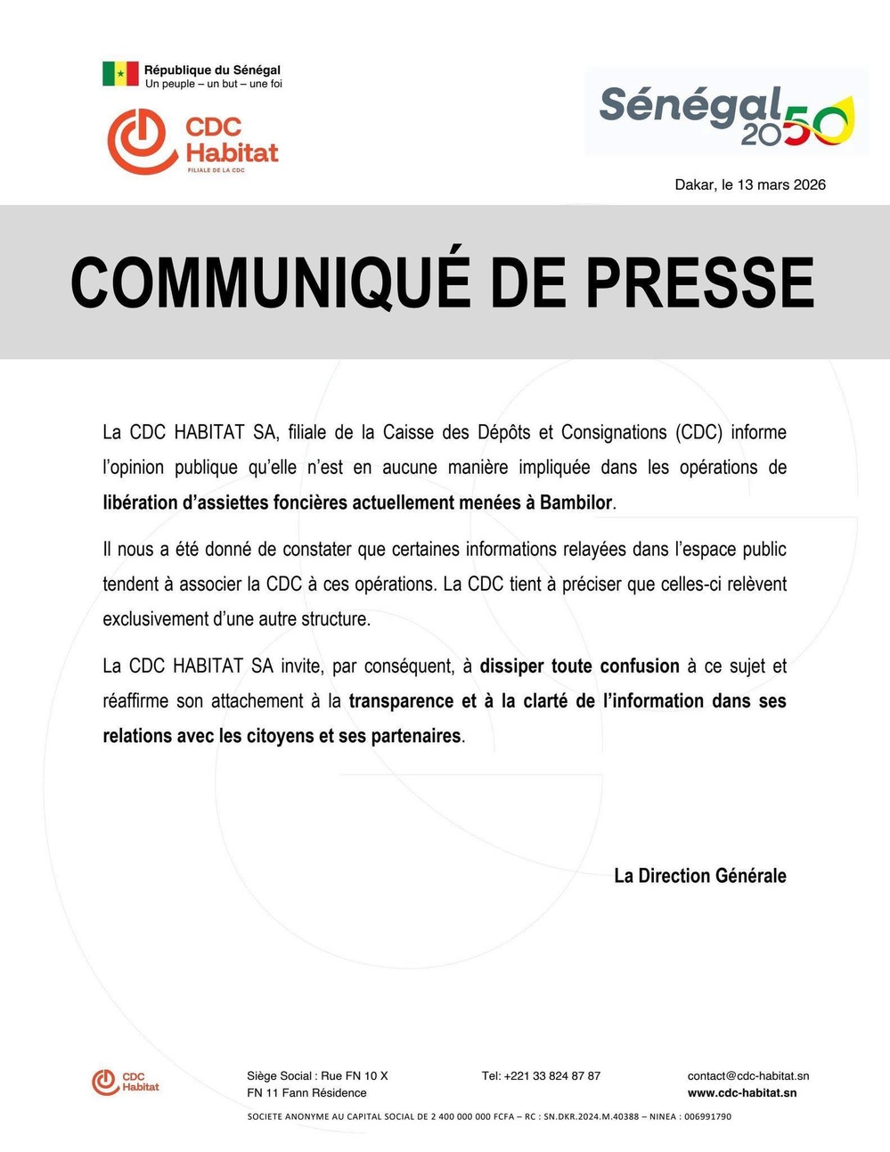 Liberation d’assiettes foncières à Bambilor: La CDC Habitat dégage toute implication directe ou indirecte